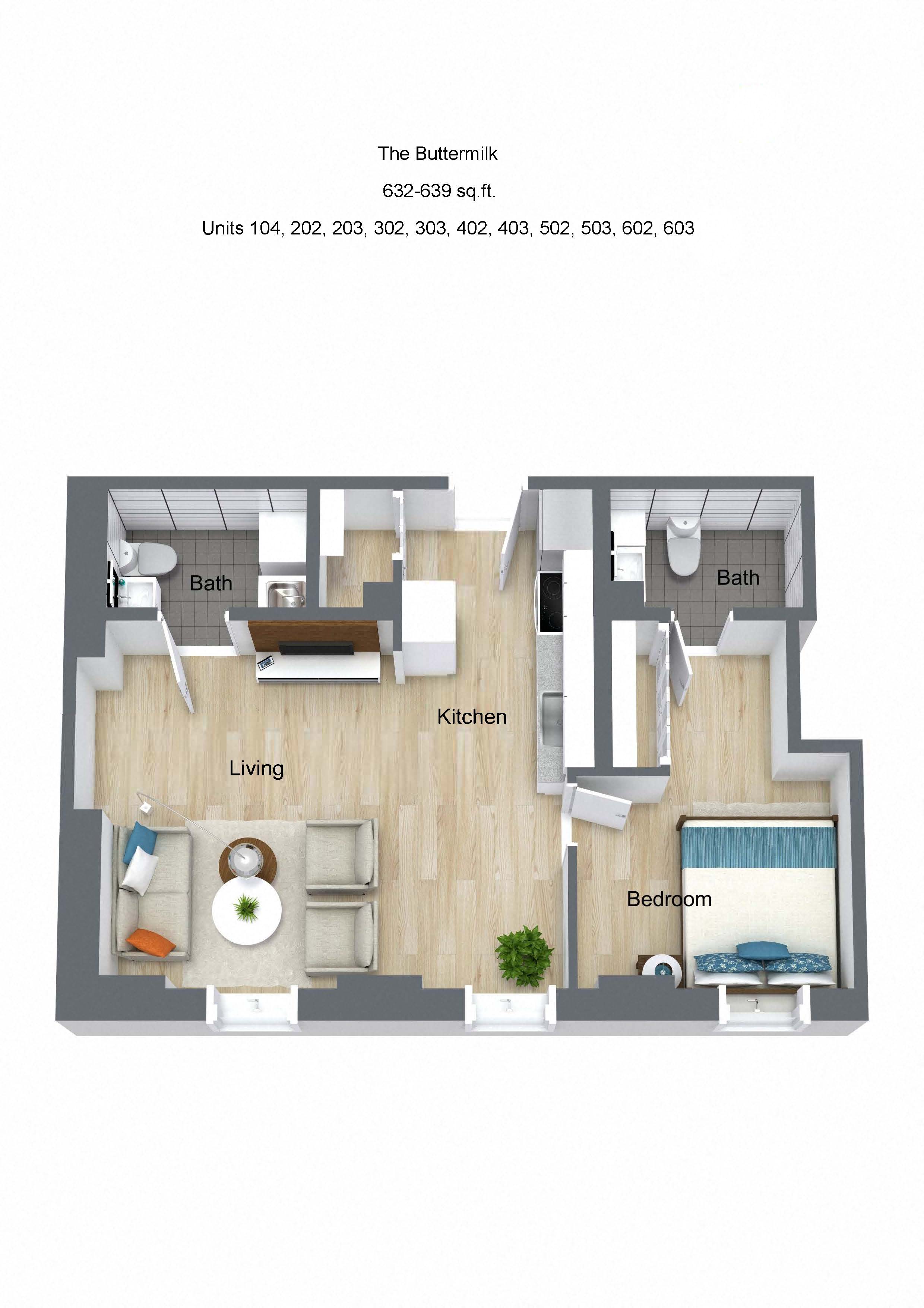 Floor plan for 1 bed, 1.5 baths, 632 sqft